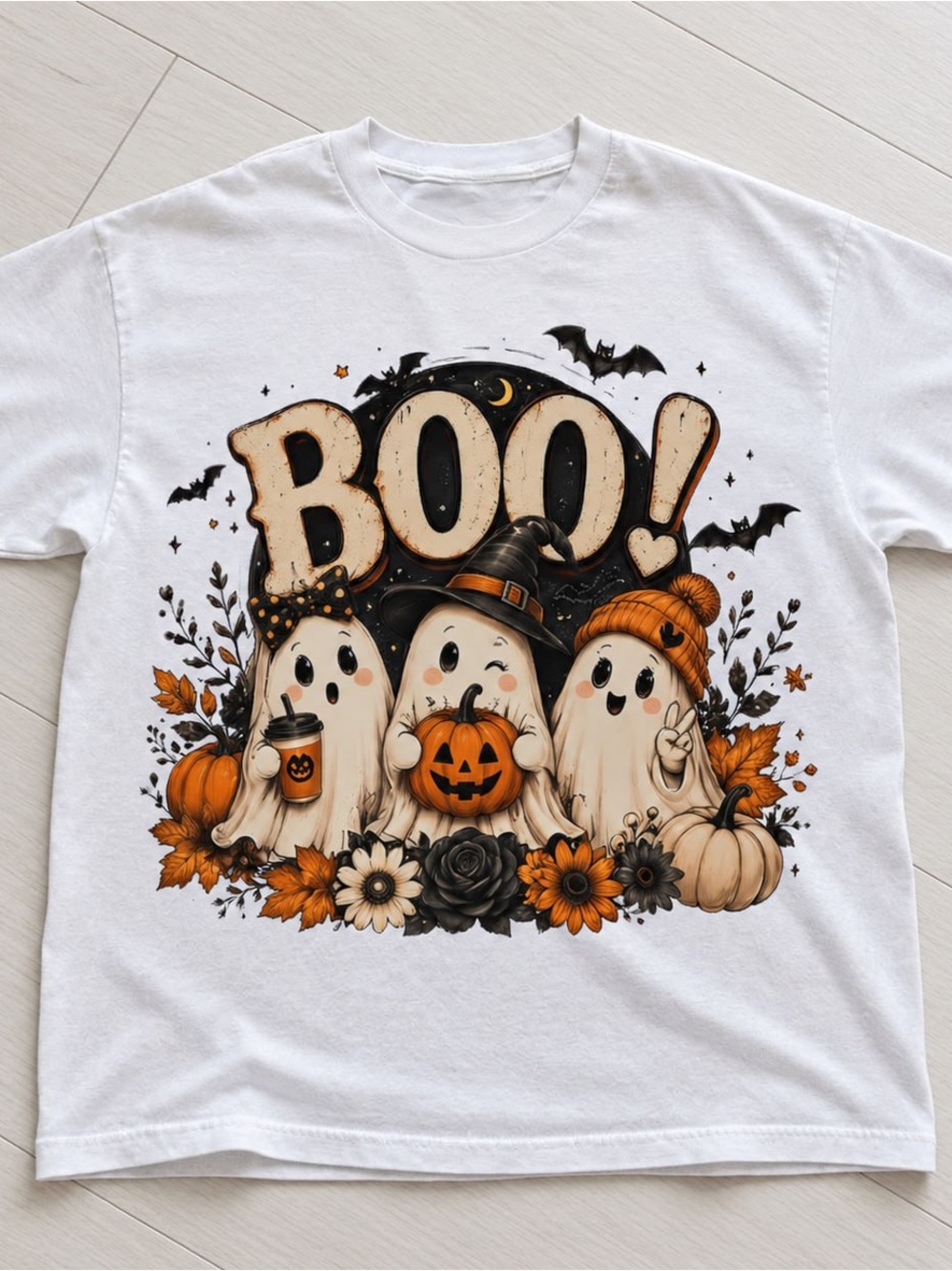 Cute Halloween Ghosts and Orange Gildan White Tee Graphic